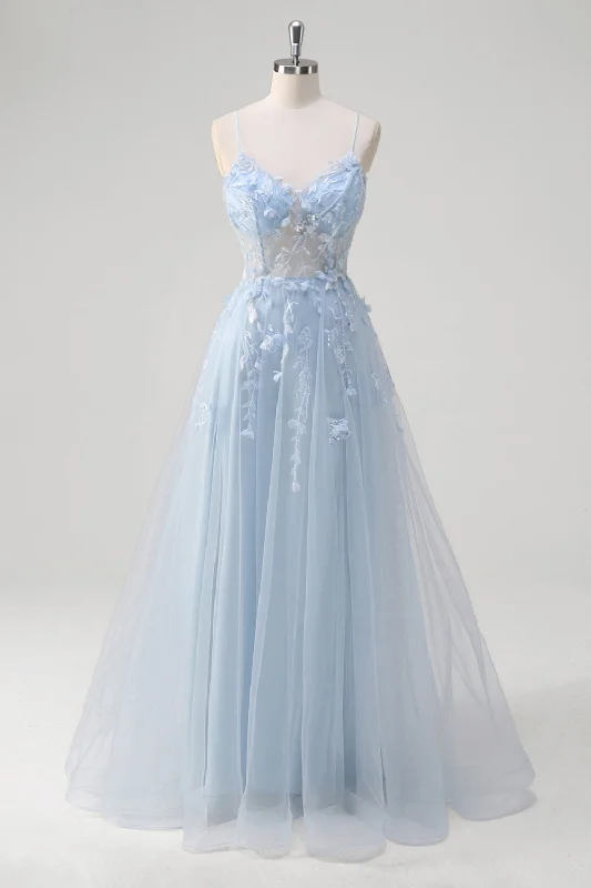 Blue A Line Spaghetti Straps Appliqued Corset Long Prom Dress With Tulle Tunics Short Trendy Blue A Line Spaghetti Straps Appliqued Corset Long Prom Dress With Tulle Tunics Short Trendy