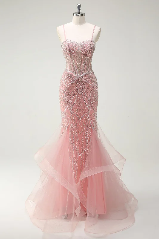 Sparkly Pink Mermaid Spaghetti Straps Corset Long Prom Dress Tunics Winter warm