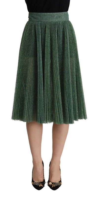 Dolce & Gabbana Metallic Green Pleated A-Line Midi Skirt velvet skirt luxury