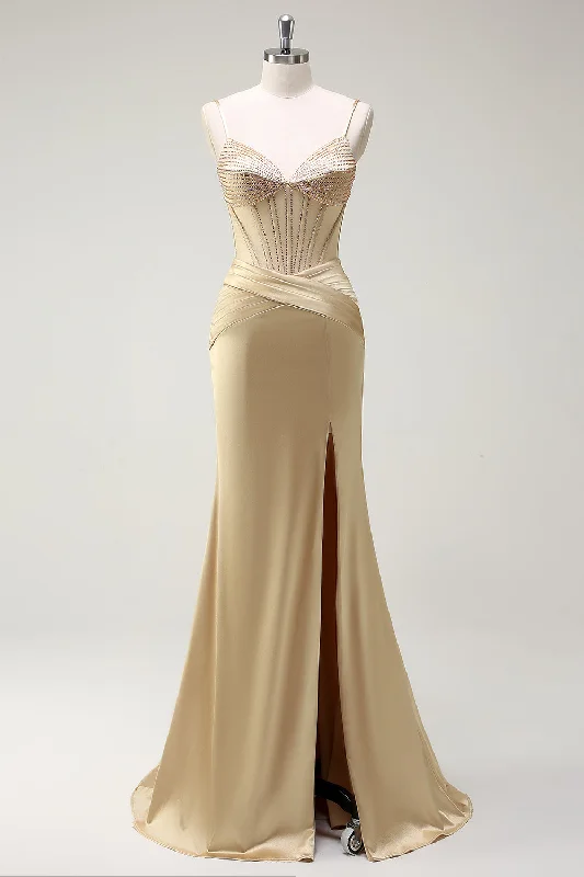 Sparkly Mermaid Spaghetti Straps Golden Corset Long Prom Dress with Slit Tunics Mesh breathable Sparkly Mermaid Spaghetti Straps Golden Corset Long Prom Dress with Slit Tunics Mesh breathable