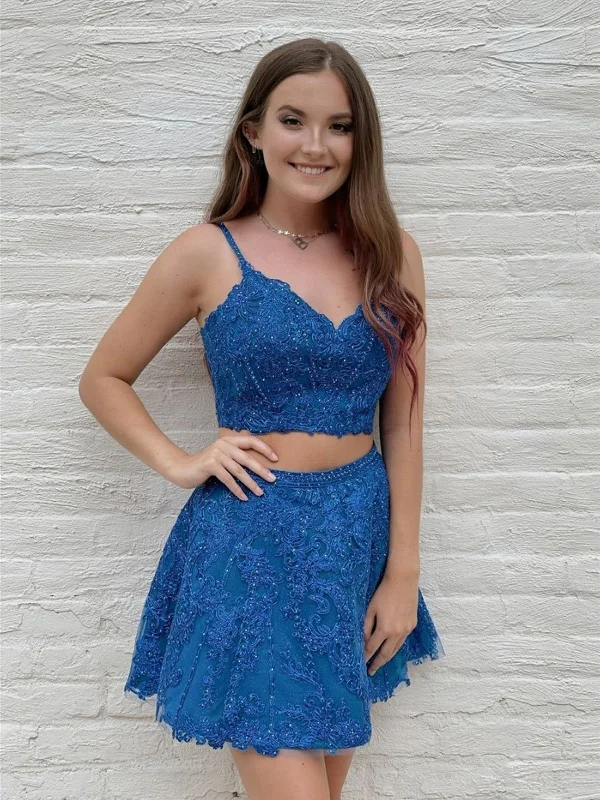 Two Pieces Short Blue Lace Prom Dresses, 2 Pieces Short Blue Lace Graduation Homecoming Dresses Elegant Long Evening Two Pieces Short Blue Lace Prom Dresses, 2 Pieces Short Blue Lace Graduation Homecoming Dresses Elegant Long Evening