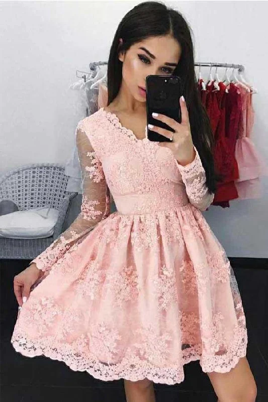 Pink Long Sleeves Lace Short Homecoming/Party Dresses PD103 Tunics Sophisticated sleek Pink Long Sleeves Lace Short Homecoming/Party Dresses PD103 Tunics Sophisticated sleek