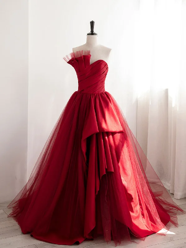 Burgundy Satin Tulle Long Prom Dresses, Burgundy Formal Evening Dresses Tunics Chic elegant