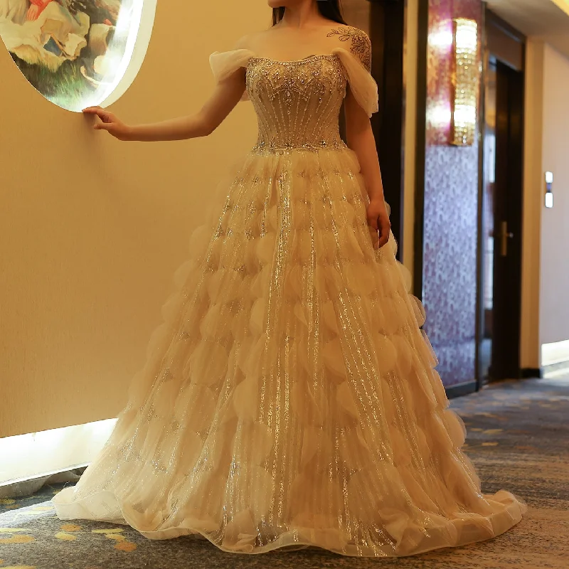 Luxury Crystal Ball Gown Blush Pink Ruffles Evening Dress SS533 Tunics Long Elegant