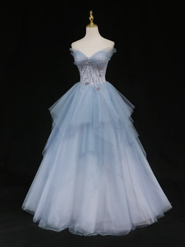 Blue Sweetheart Neck Tulle Long Prom Gown, Blue Long Formal Graduation Dress Tunics Exclusive limited