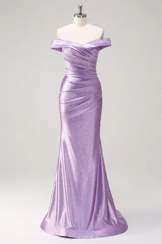 Lilac Mermaid Off the Shoulder Ruched Long Prom Dress Tunics Review highly