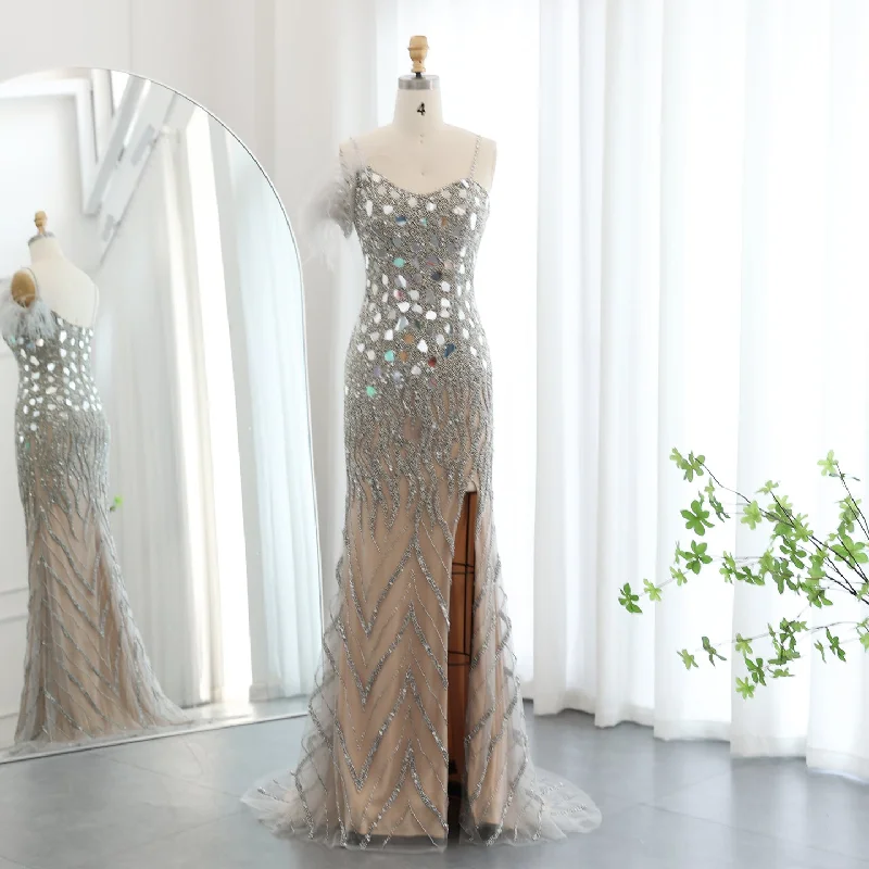 Luxury Beaded Feather Mermaid Nude Evening Dress SS165 Boatneck Modish Everyday