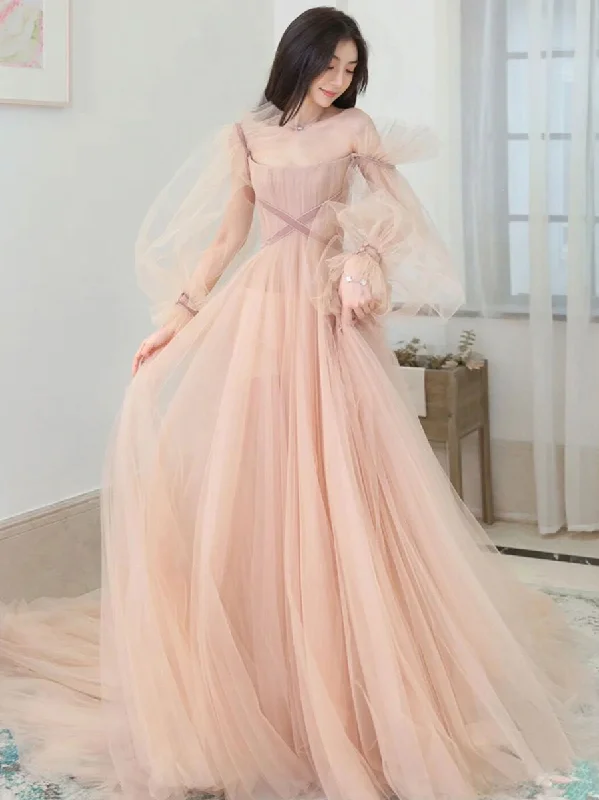 Champagne Aline Tulle Long Prom Dresses, Long Formal Graduation Dresses Tunics Trendy modern Champagne Aline Tulle Long Prom Dresses, Long Formal Graduation Dresses Tunics Trendy modern
