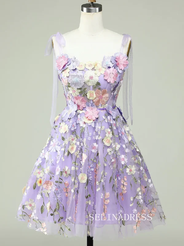 Tie Straps Lavender Embroidery Floral Homecoming Dresses Short Party Dress SEA001 Tunics Fleece cozy Tie Straps Lavender Embroidery Floral Homecoming Dresses Short Party Dress SEA001 Tunics Fleece cozy