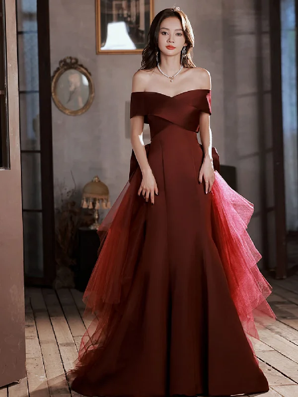 Burgundy Mermaid Sweep Train Long Prom Dress, Off Shoulder Satin Burgundy Evening Dress Tunics Chinos classic Burgundy Mermaid Sweep Train Long Prom Dress, Off Shoulder Satin Burgundy Evening Dress Tunics Chinos classic