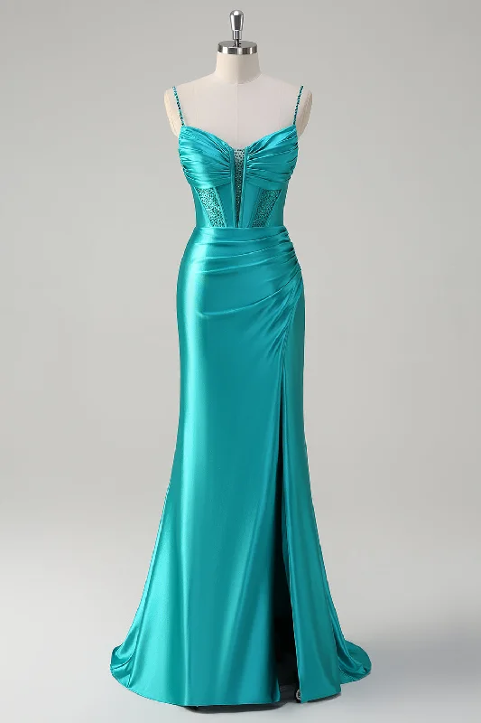 Peacock Mermaid Corset Spaghetti Straps Long Prom Dress with Slit A-Line Day Work
