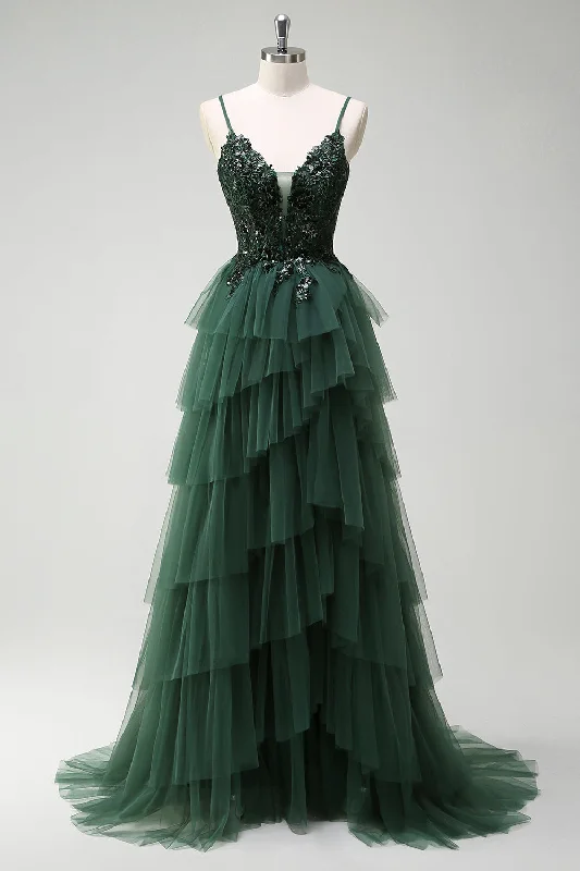 Sparkly Dark Green A-Line Corset Ruffles Appliqued Long Prom Dress with Slit Tunics stripes playful Sparkly Dark Green A-Line Corset Ruffles Appliqued Long Prom Dress with Slit Tunics stripes playful