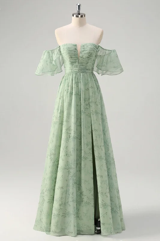Dusty Sage A Line Off the Shoulder Print Long Prom Dress with Slit Tunics Cozy soft