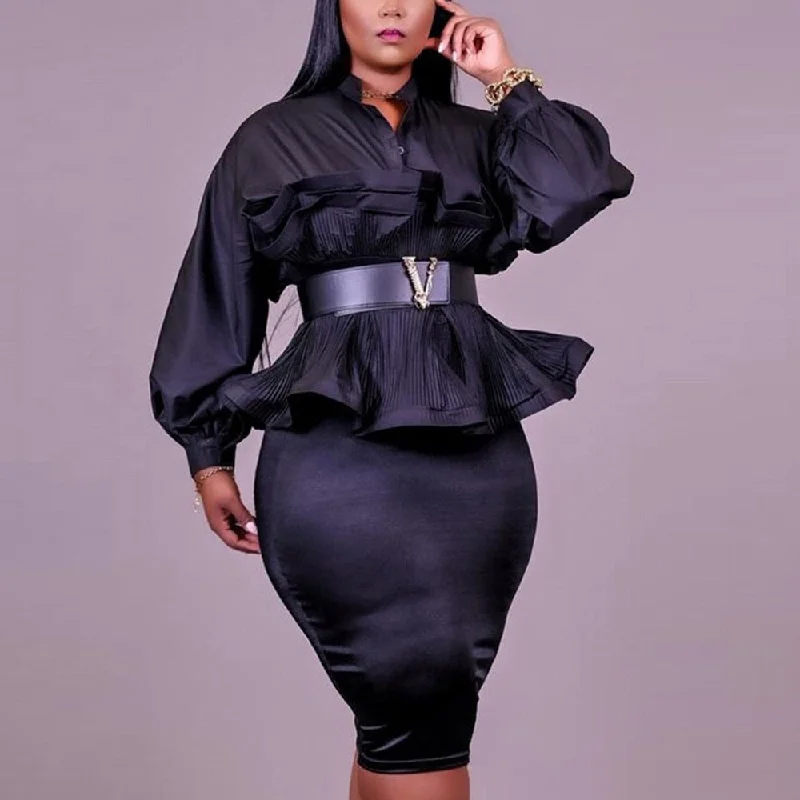 Long Sleeve Ruffle Top & Skirt asymmetrical skirt cut