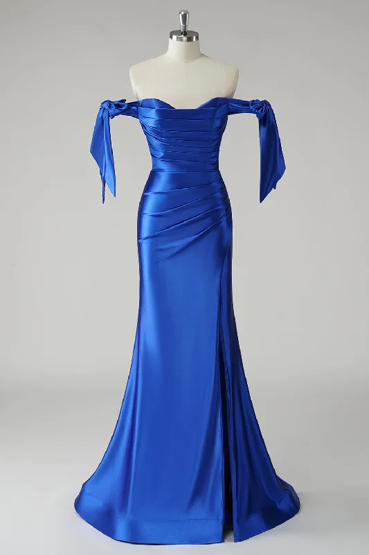 Royal Blue Mermaid Off the Shoulder Pleated Prom Dress Tunics Polka dots