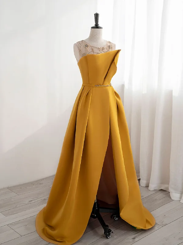 Scoop Neckline Satin Yellow Long Prom Dresses, Yellow Formal with Beading Sequin Tunics Luxurious high-end Scoop Neckline Satin Yellow Long Prom Dresses, Yellow Formal with Beading Sequin Tunics Luxurious high-end