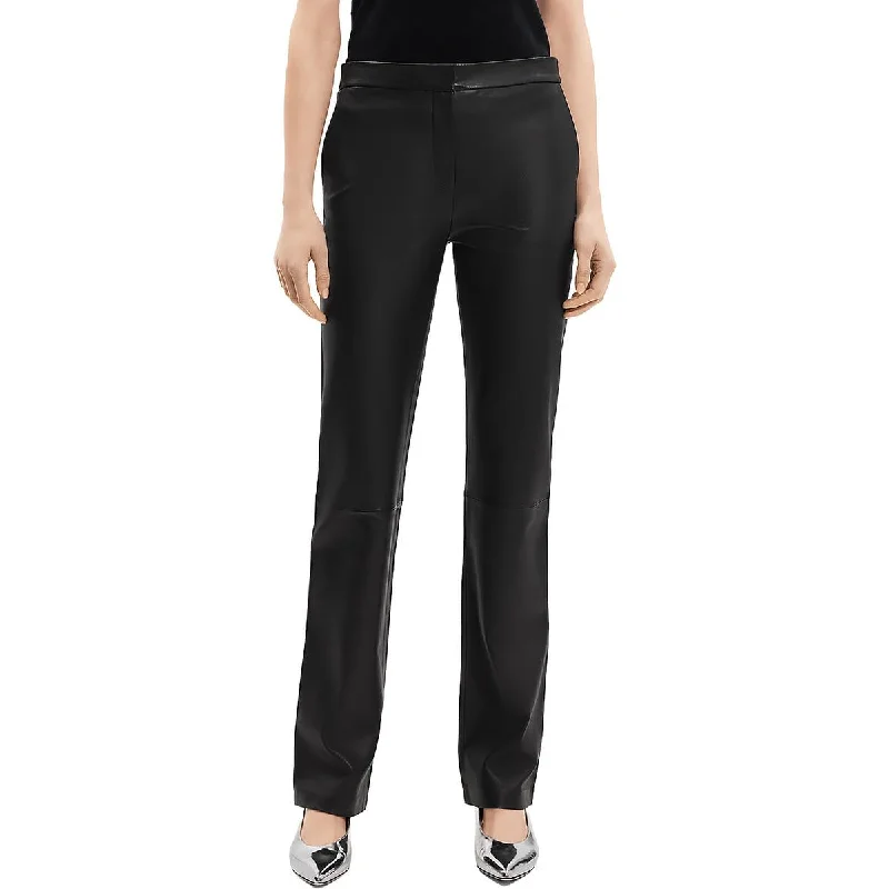 Theory Womens Lambskin Leather Slim Straight Leg Pants Classic Cropped Pants