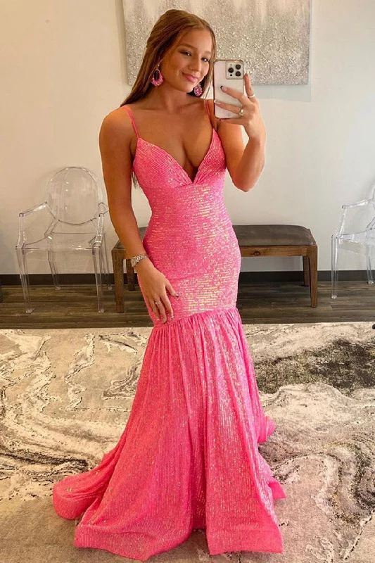 Sparkly Mermaid V Neck Sequins Long Prom Dress Long Party Dress Tunics Winter warm
