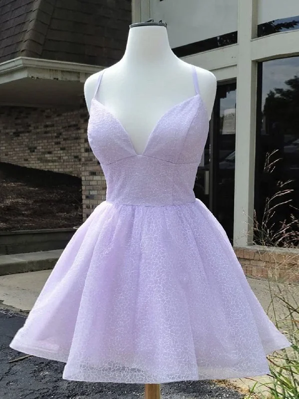 Simple Purple V Neck Tulle Short Prom Dresses, Purple Homecoming Dresses Tunics Chic elegant