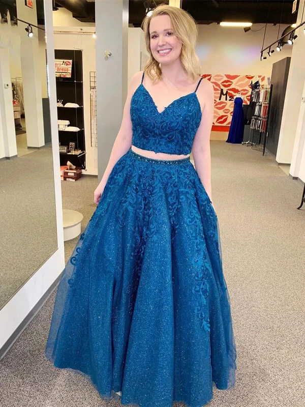 A Line V Neck Two Pieces Blue Lace Prom Dresses, 2 Pieces Blue Lace Formal Evening Dresses Tunics Brand named A Line V Neck Two Pieces Blue Lace Prom Dresses, 2 Pieces Blue Lace Formal Evening Dresses Tunics Brand named