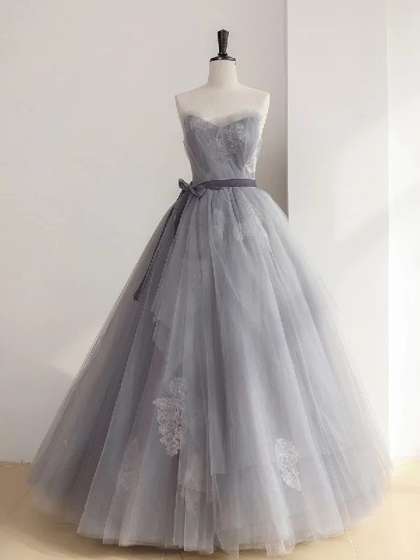 Gray Tulle Lace Long Prom Dress, Gray Ball Gown Formal Dresses Tunics Bridal satin