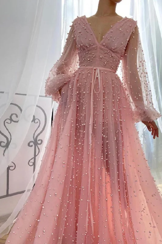 Pink A-line Long Sleeve Beads Prom Dress Long Party Dress Tunics Fashionable trendy