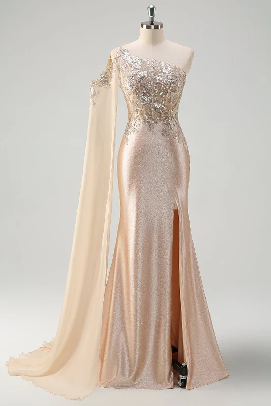 Sparkly Champagne Mermaid One Shoulder Sequin Long Prom Dress with Slit Tunics Bridal satin Sparkly Champagne Mermaid One Shoulder Sequin Long Prom Dress with Slit Tunics Bridal satin