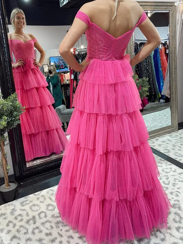 Off the Shoulder Hot Pink Navy Blue High Low Prom Dresses, High Low Hot Pink Blue Formal Evening Dresses Boat Neckline Classic Off the Shoulder Hot Pink Navy Blue High Low Prom Dresses, High Low Hot Pink Blue Formal Evening Dresses Boat Neckline Classic