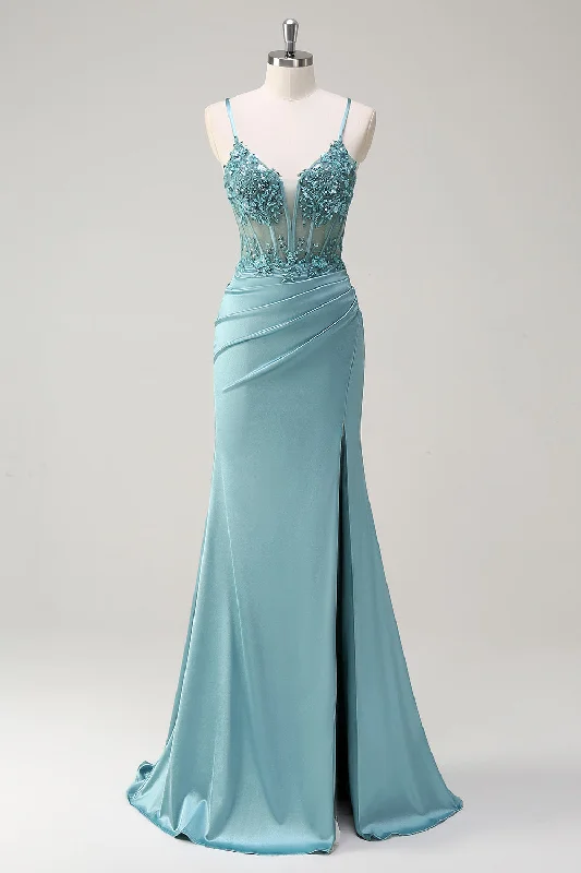 Sparkly Blue Mermaid Corset Prom Dress with Slit Tunics Chic elegant