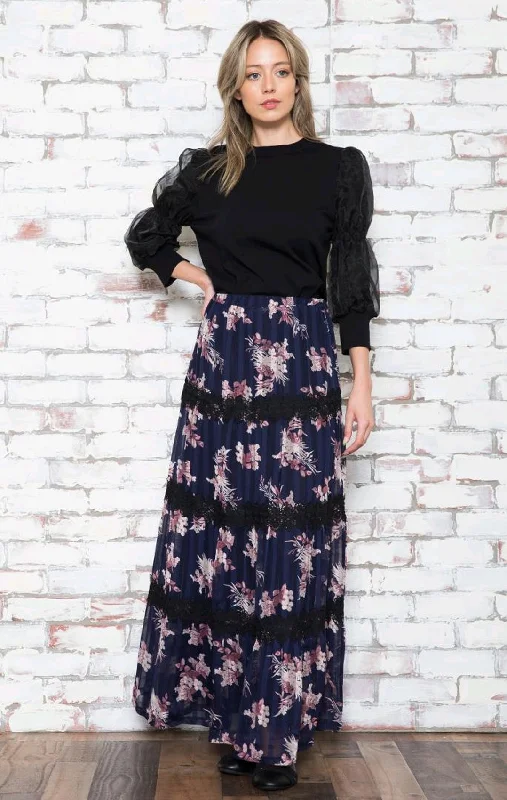 Edera Floral Tiered Skirt w Lace Stripes wool skirt sturdy