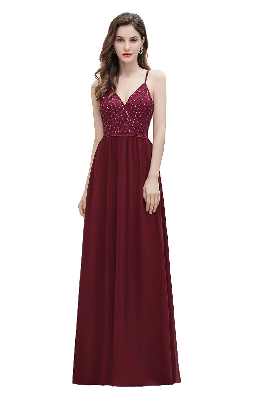 V-Neck Burgundy A-line Evening Maxi Dress Prom Party Dress Chiffon Maxi Beach