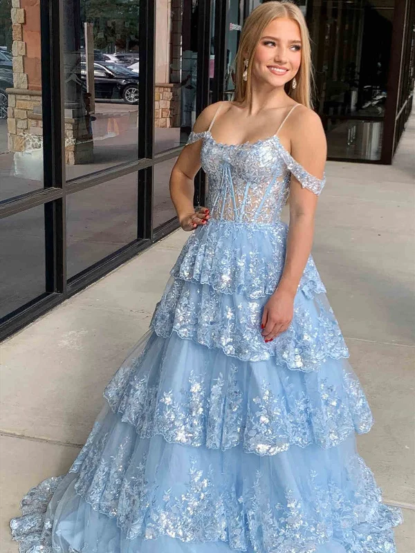Off the Shoulder Blue Purple Ruffle Tiered Lace Prom Dresses, Blue Purple Ruffle Tiered Lace Formal Evening Dresses Halter Neckline Beach