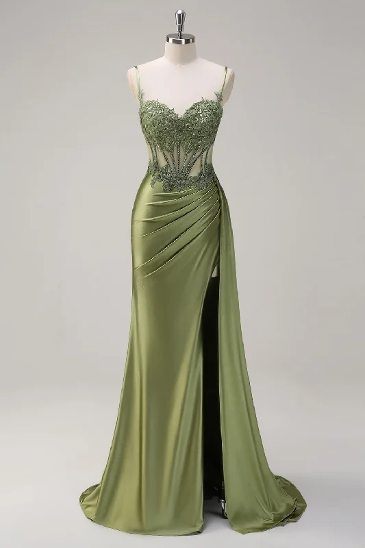 Green Mermaid Spaghetti Straps Pleated Long Corset Satin Prom Dress With Slit Pencil Office Professional Green Mermaid Spaghetti Straps Pleated Long Corset Satin Prom Dress With Slit Pencil Office Professional