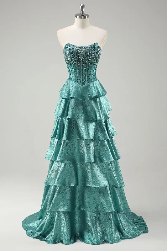 Tiered Ruffles Peacock Green Strapless Long Prom Dress with Beading sweetheart Neckline Romantic Tiered Ruffles Peacock Green Strapless Long Prom Dress with Beading sweetheart Neckline Romantic