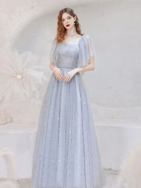 A-Line Square Neckline Tulle Gray Long Prom Dress, Gray Formal Dresses Tunics Yoga stretchy A-Line Square Neckline Tulle Gray Long Prom Dress, Gray Formal Dresses Tunics Yoga stretchy
