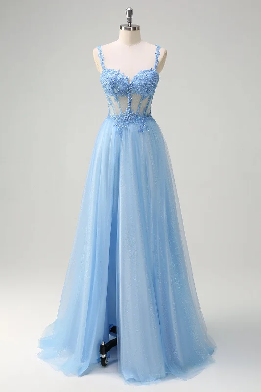 Sparkly Blue A-Line Sheer Corset Lace Up Back Long Prom Dress with Slit Tunics Essential wardrobe Sparkly Blue A-Line Sheer Corset Lace Up Back Long Prom Dress with Slit Tunics Essential wardrobe