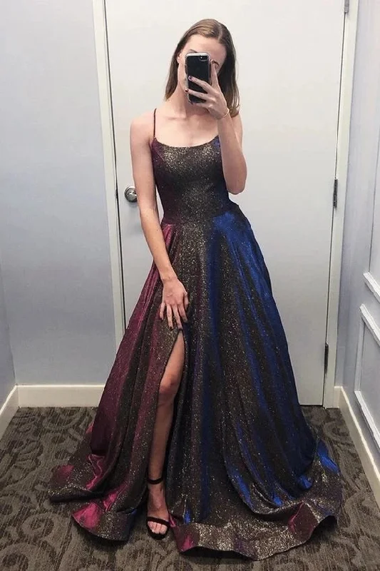 Sparkly Scoop Spaghetti Straps Slit Prom Dress Unique Party Dress with Pockets OKT83 Tunics Short Trendy Sparkly Scoop Spaghetti Straps Slit Prom Dress Unique Party Dress with Pockets OKT83 Tunics Short Trendy