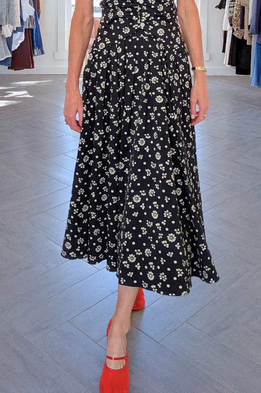 Floral Gathered Skirt | Black silk skirt lustrous