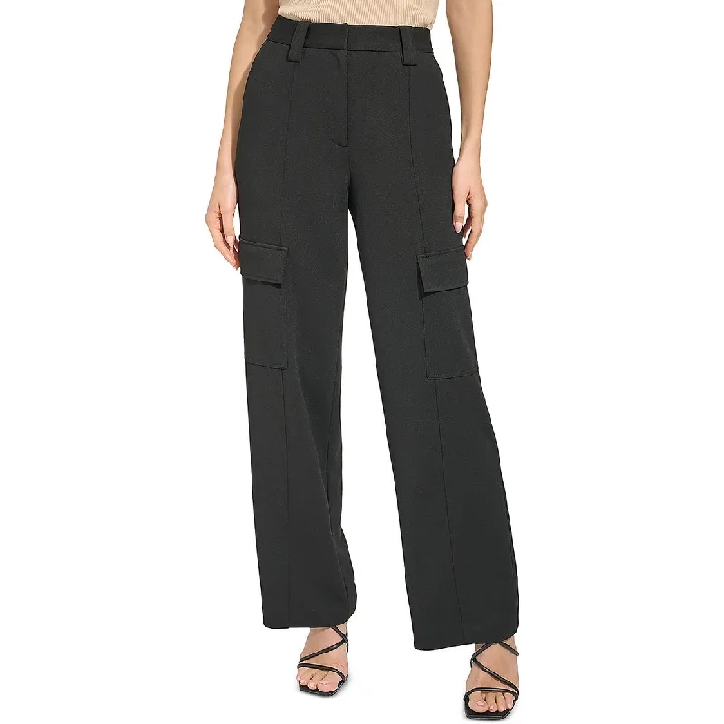 DKNY Womens Crepe Mid-Rise Wide Leg Pants Fashionable Track Pants