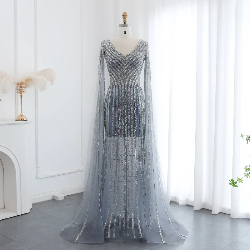 Luxury Beaded Blue Evening Dress with Cape Sleeves SS251 Tunics Office stylish