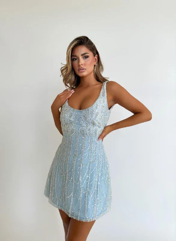 MINNA Fashion ATÉ Baby Blue Sequin Scoop Neck Mini Party Dress Peplum Ruffle Cocktail MINNA Fashion ATÉ Baby Blue Sequin Scoop Neck Mini Party Dress Peplum Ruffle Cocktail