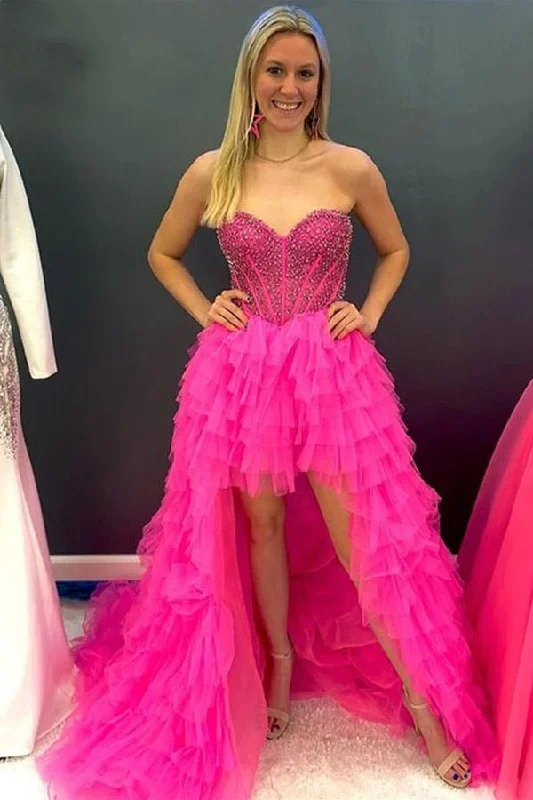 Hot Pink Beaded High Low Sweetheart Prom Dress Party Dress Tunics Seasonal trendy