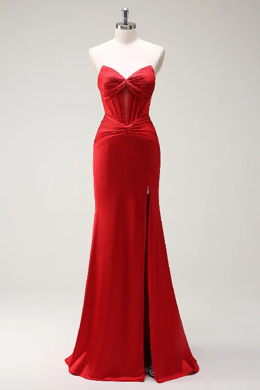 Mermaid Sweetheart Red Corset Long Prom Dress with Slit Tunics Favorite customer