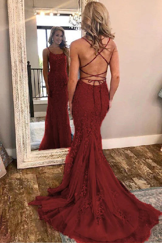 Burgundy Lace Open Back Spaghetti Straps Mermaid Formal Prom Dress Evening Party Dresses Tunics Fleece cozy Burgundy Lace Open Back Spaghetti Straps Mermaid Formal Prom Dress Evening Party Dresses Tunics Fleece cozy
