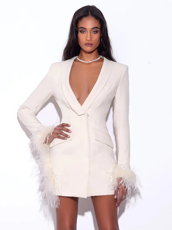 Madeline Pearl White Feather Trim Blazer Dress Women's Adventure Blazer