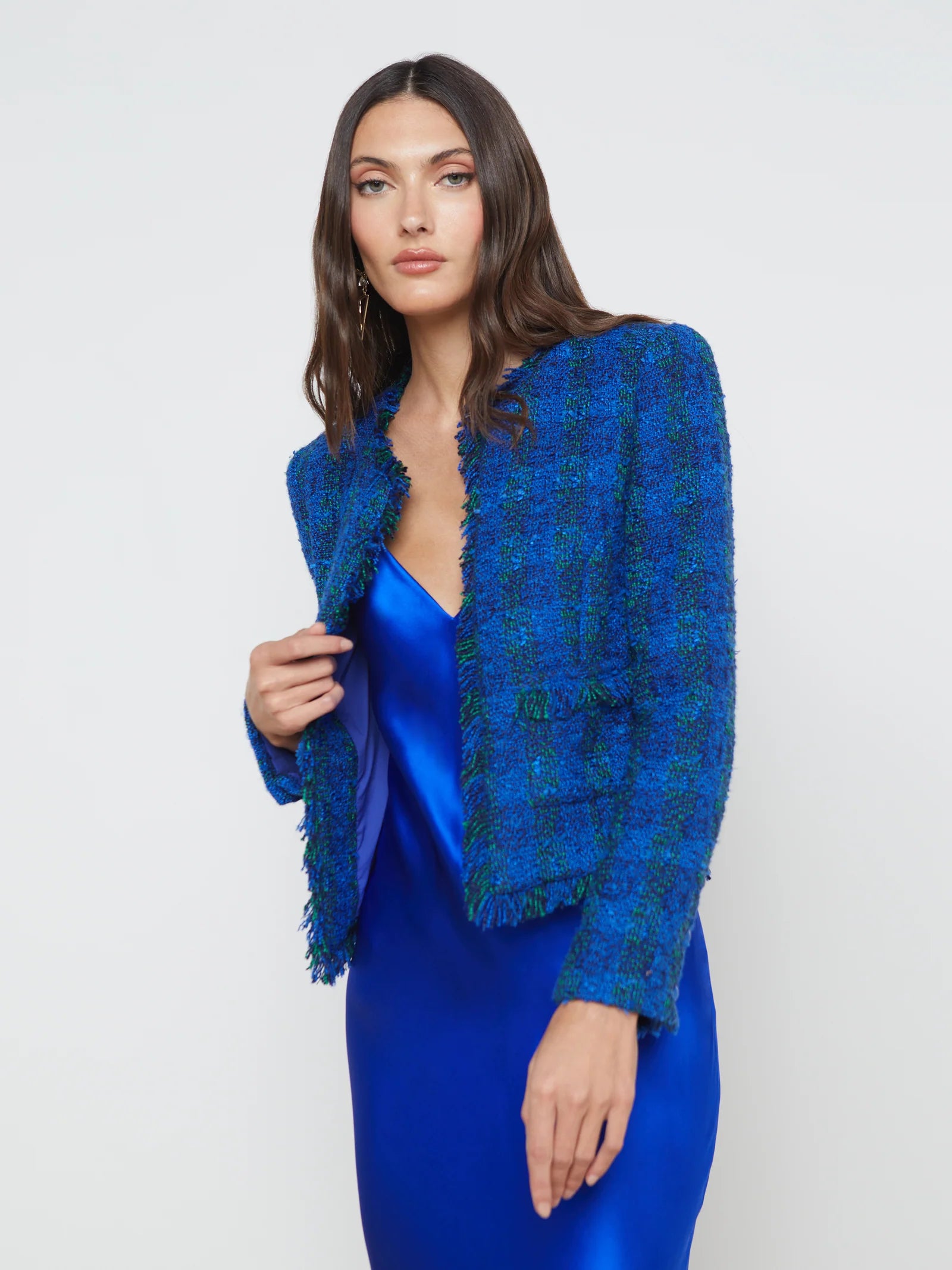 Angelina Tweed Blazer Pop Cobalt Green Multi - L'AGENCE Women's Premium Blazer