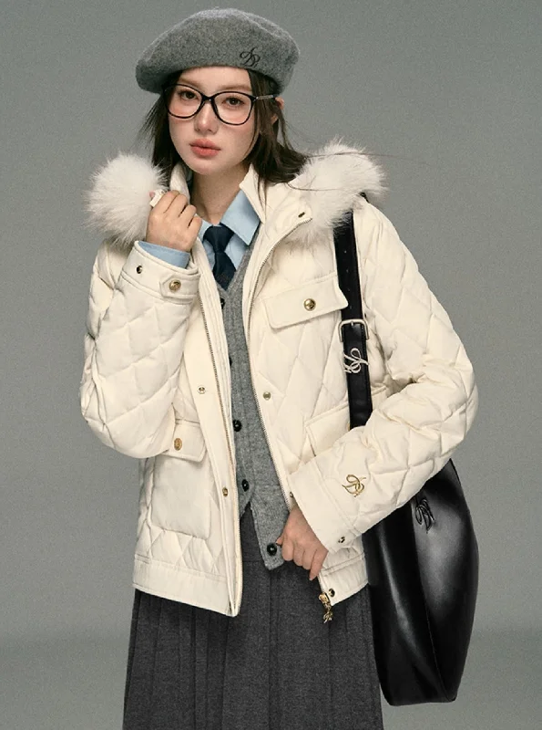 Luxe Quilted Puffer Jacket: Winter White with Faux Fur Hood Trim and Gold Logo Detail Jersey Jacket Tulle Jacket Batik Jacket Luxe Quilted Puffer Jacket: Winter White with Faux Fur Hood Trim and Gold Logo Detail Jersey Jacket Tulle Jacket Batik Jacket