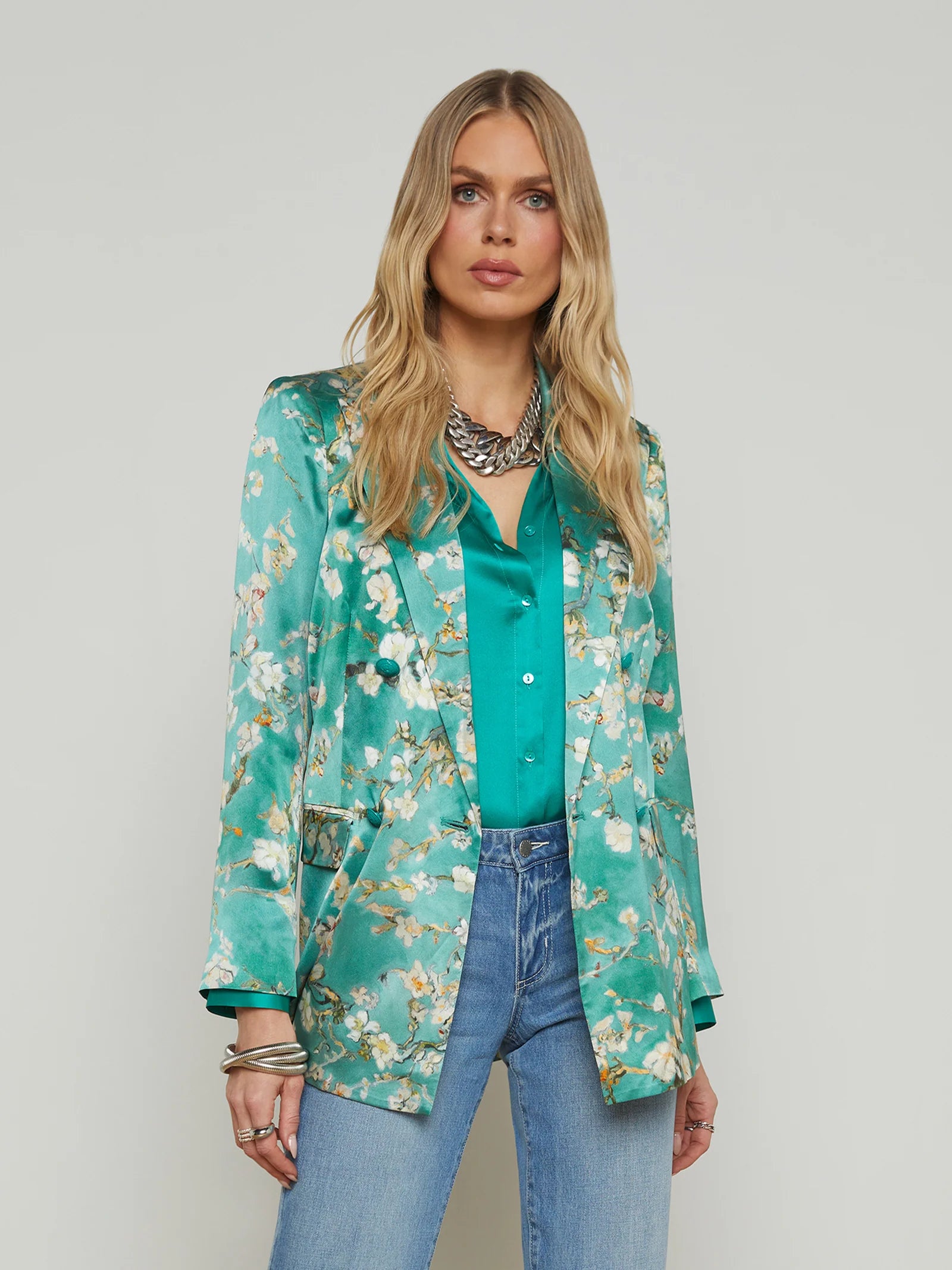 Taryn Blazer Teal Multi Watercolor Cherry Blossom - L'AGENCE Women's Daily Blazer