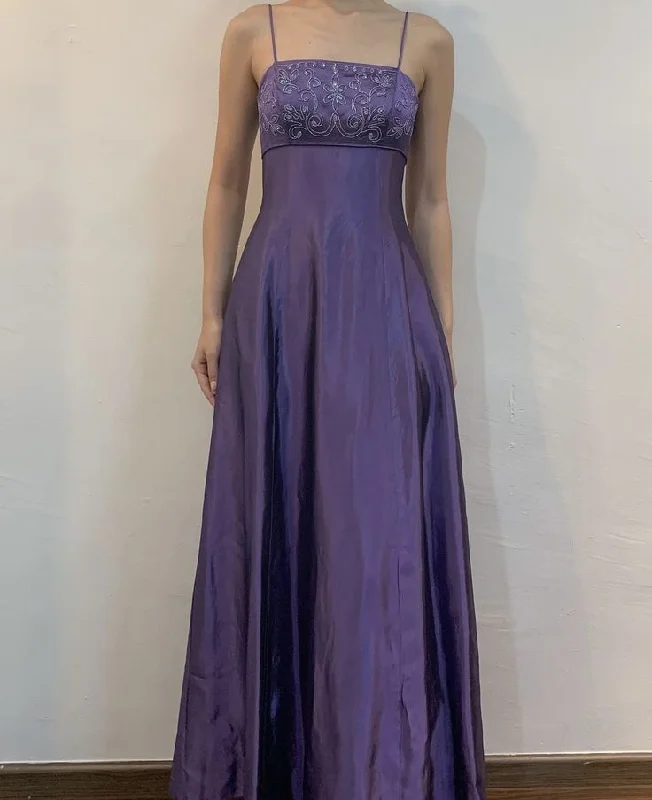 Elegant Purple Spaghetti Straps A-Line Vintage Long Party Dress, DP3988 Crew Neckline Sporty