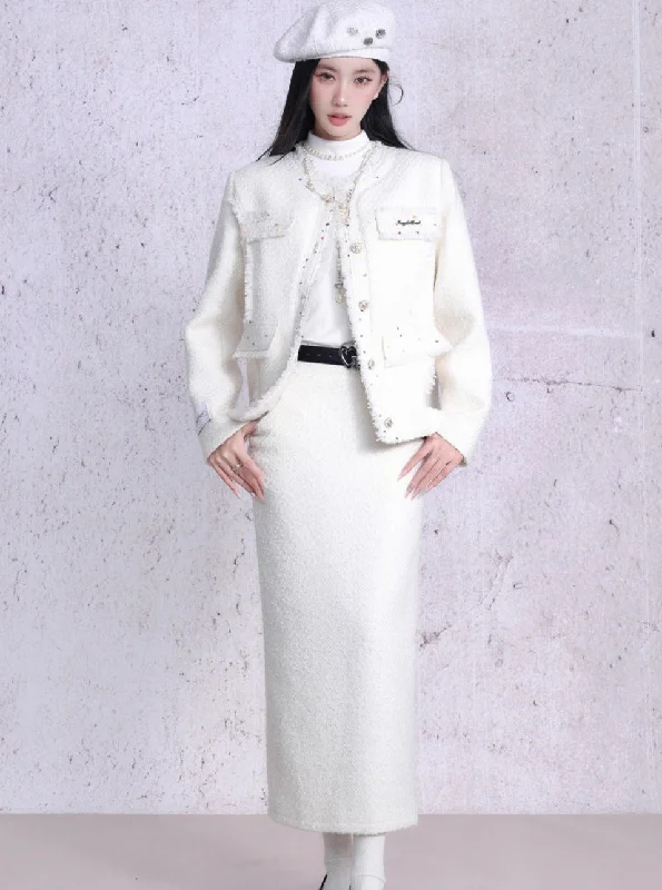 Classic Tweed Ensemble: Ivory Bouclé Jacket and Tailored Pencil Skirt Set Corduroy Jacket Velvet Jacket Brocade Jacket Classic Tweed Ensemble: Ivory Bouclé Jacket and Tailored Pencil Skirt Set Corduroy Jacket Velvet Jacket Brocade Jacket